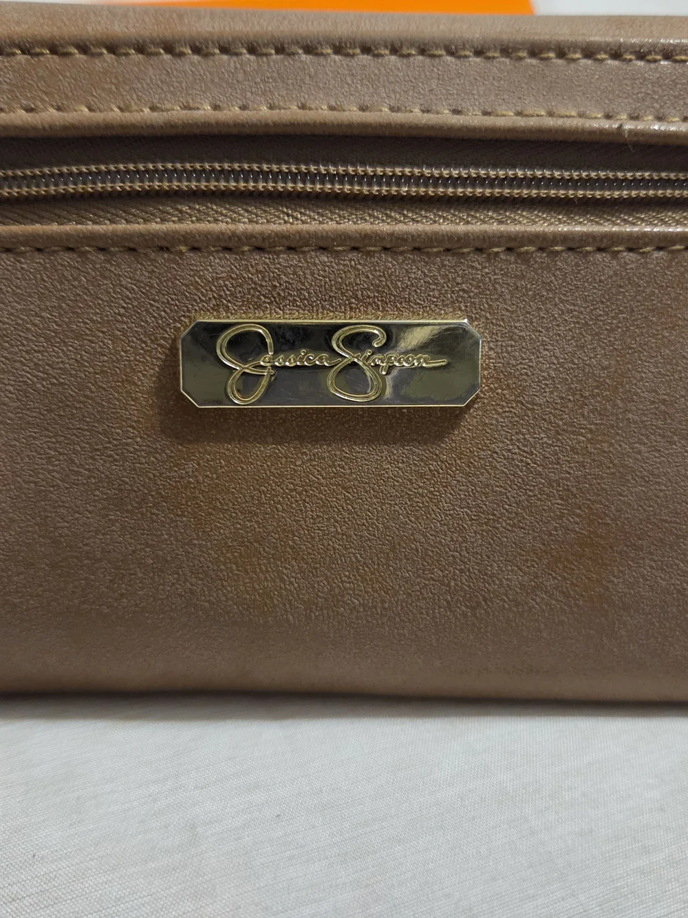 Jessica Simpson Tan Men's Leatherette Zip Pouch with Gold Logo Plaque
